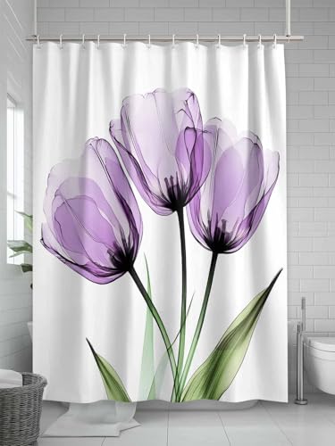 Waterproof Fabric Shower Curtain Purple Tulip Abstract Flower Shower Curtains for Bathroom, Quick-Drying, Machine Washable 72x72 Inch - color: Purple Green, size: 72"W x 72"L (Pack of 1)