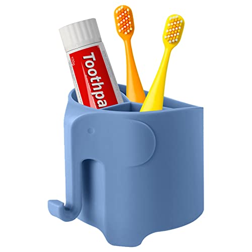 Elephant Toothbrush Holder for Toddler, Suction Cup Cute Toothbrush Holder for Kids, for Bathroom, with 3 Slots and 1 Hook, Sky Blue - color: Sky Blue