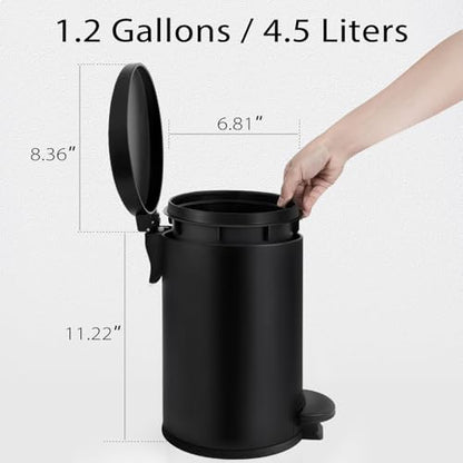 TIPGO Small Bathroom Trash Can with Lid Soft Close, 1.2 Gal, Matte Black | Hands-Free Step Pedal, Removable Inner Bucket, 4.5 Liters, Round Stainless Steel Garbage Can for Bedroom, Office, Kitchen - color: Matte Black