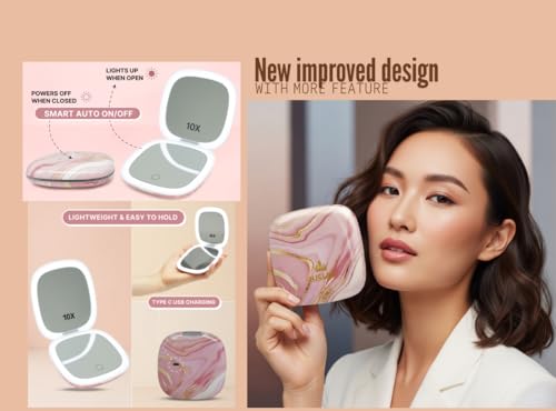 Lighted Makeup Compact Mirror, 3.9 Inch – 1x/10x Magnification Portable, LED – Auto Light On/Off - USB Charging, (Blush Marble) - color: Blush Marble