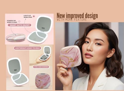 Lighted Makeup Compact Mirror, 3.9 Inch – 1x/10x Magnification Portable, LED – Auto Light On/Off - USB Charging, (Blush Marble) - color: Blush Marble