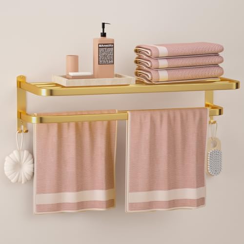 23 Inch Gold Bathroom Towel Rack Towel Shelf with Double Towel Bars Lavatory Wall Mount Holder with Hooks Golden Stainless Steel Hotel Bath Rack - color: Gold