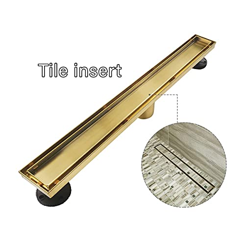 Neodrain 24" Gold Linear Shower Drain,2-in-1 Flat& Tile Insert Cover | 304 Stainless Steel,Fast Drainage, Durable,Rectangle Shower Floor Drain with Adjustable Feet,Hair Strainer,Fits Bathrooms - color: Golden, size: 24 In