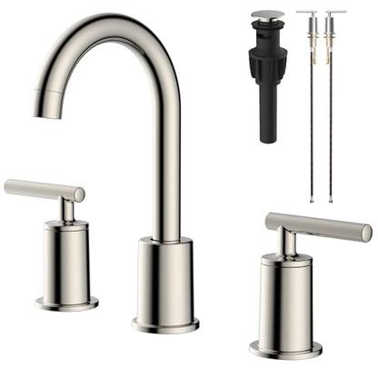 VXV Brushed Nickel Bathroom Faucet 3 Hole Widespread with Easy Installation, 2-Handle 8 Inch Bathroom Sink Faucet 360° Swivel Spout, Pre-Attached Hoses & Drain Included, Vanity Faucet for Bath Sink - color: Sleek Brushed Nickel