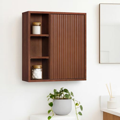 Teamson Home 22″ Wide Bathroom Wall Cabinet with Open Compartments & 1 Door with Fixed Interior Shelf, Wall Mounted Medicine Cabinet with Wooden Bracket for Mounting, Natural Fluted Finish in Walnut | Open Compartments, 1 Door with Fixed Interior Shelf, W