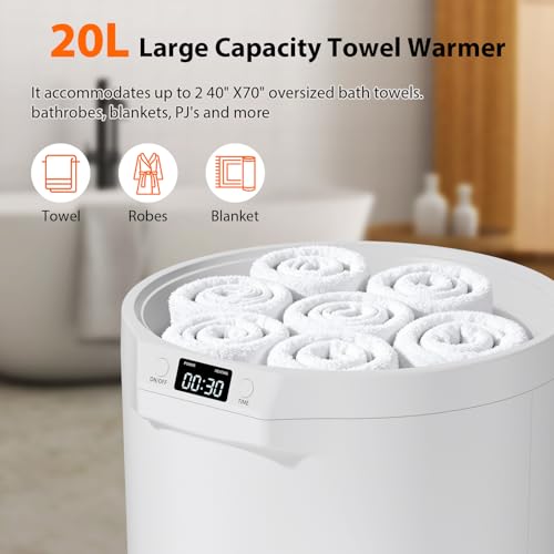Towel Warmer, 20L Large Towel Warmers for Bathroom, Towel Bucket Fits Up Two 40"X70" Oversized Towels, Bathrobes, Blankets, Towel Heater with LCD, 4 Timer Setting and Auto Shut Off(White)