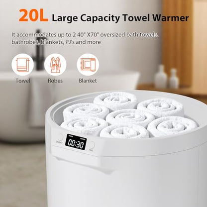 Towel Warmer, 20L Large Towel Warmers for Bathroom, Towel Bucket Fits Up Two 40"X70" Oversized Towels, Bathrobes, Blankets, Towel Heater with LCD, 4 Timer Setting and Auto Shut Off(White)