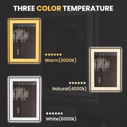 LOAAO 20"X28" LED Bathroom Mirror Black Framed | Anti-Fog, Dimmable, Memory Function, Tempered Glass, Lighted Vanity Mirror for Wall - size: 20"L x 28"W