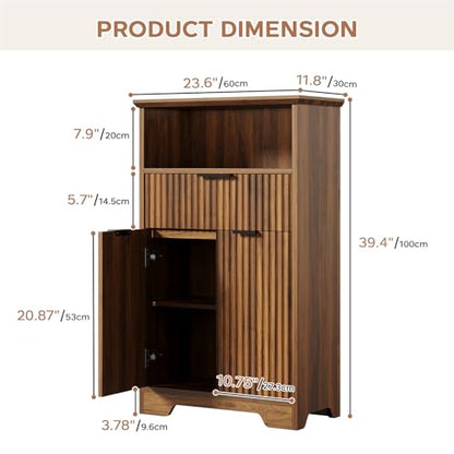 Fluted Buffet Cabinet with Storage, Modern Coffee Bar Cabinet | With Drawer & Adjustable Shelf, Wood Sideboard Cabinet for Kitchen, Bathroom, Entryway and Living Room Walnut - color: Walnut