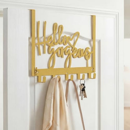 Sieral "Hello Gorgeous Over The Door Hook Rack – Gold Decorative Towel Hanger with Hooks, No Drill Wall Mount for Bathroom Bedroom Entryway, Fits Doors 1.4"–1.8" Thick