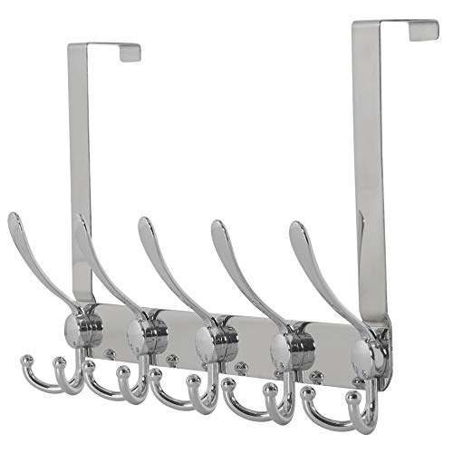 Dseap Over The Door Hook Hanger - Fits 1 3/8" to 1 3/4" Standard Doors | 5 Tri Hooks Heavy Duty Towel/Coat Rack | Door Organizer for Clothes, Jackets, Hats, Towels, Chromed - color: Chromed