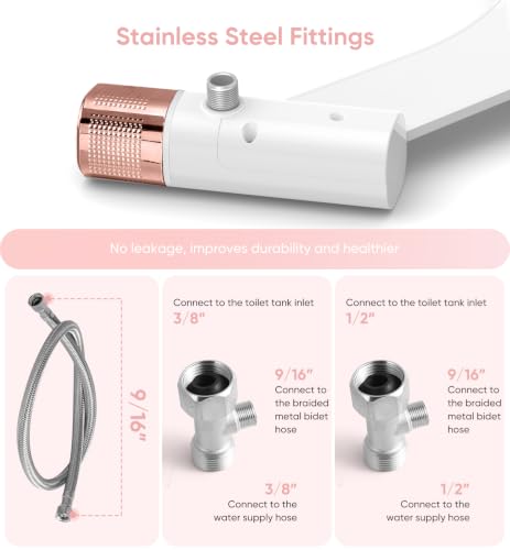 Ultra-Slim Bidet Attachment, Posterior&Feminine Wash-(Retractable Dual Nozzles), Non-Electric Bidet Attachment for Toilet Seat, Adjustable Fresh Cold Water Pressure, Stainless Steel Inlet (Rose Gold)