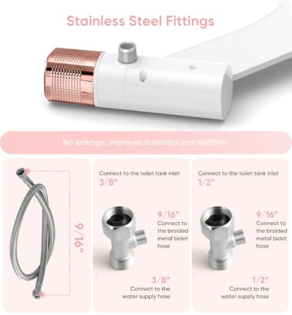 Ultra-Slim Bidet Attachment, Posterior&Feminine Wash-(Retractable Dual Nozzles), Non-Electric Bidet Attachment for Toilet Seat, Adjustable Fresh Cold Water Pressure, Stainless Steel Inlet (Rose Gold)