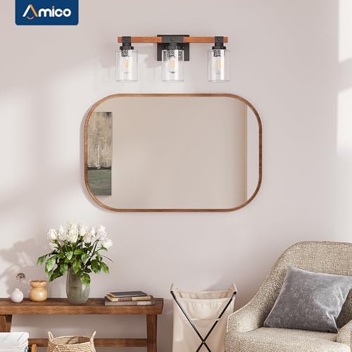 Amico 3-Light Farmhouse Bathroom Vanity Light, Seeded Glass, Black & Wood | Bubble Glass Shade Wall Sconce, Over Mirror Lighting for Bathroom, Bedroom, Living Room, Hallway, Powder Room, Entryway - size: 3-Light