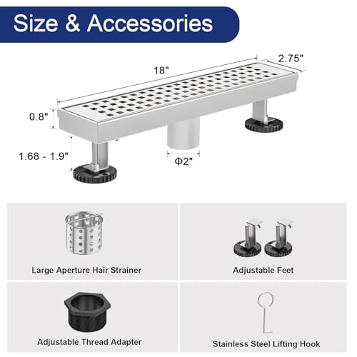 18 Inch Linear Shower Drain - Brushed Nickel, with Removable Grate | AISI 304 Stainless Steel Shower Drain, Long Rectangle Shower Floor Drain with Adjustable Feet, Fits Bathroom & Balcony etc - color: Brushed Nickel, size: 18 in