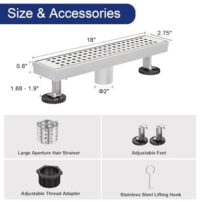 18 Inch Linear Shower Drain - Brushed Nickel, with Removable Grate | AISI 304 Stainless Steel Shower Drain, Long Rectangle Shower Floor Drain with Adjustable Feet, Fits Bathroom & Balcony etc - color: Brushed Nickel, size: 18 in