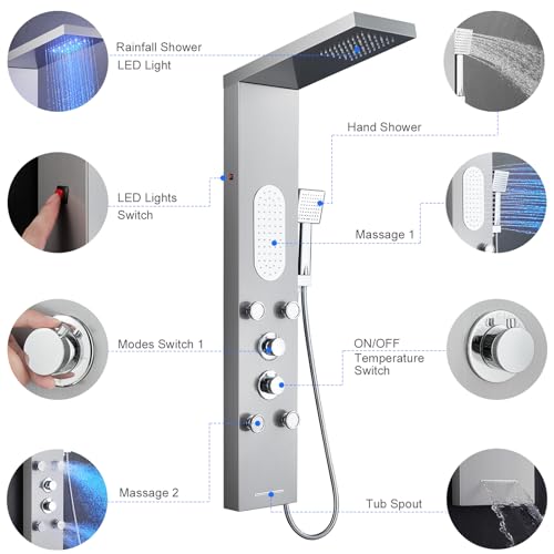5-Function LED Shower Panel Tower System 4 Jets Stainless Steel | LED rain head | 4 massage jets | Body waterfall spray | Handheld shower | Tub spout | Brushed finish - color: Brushed Nickel