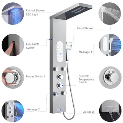5-Function LED Shower Panel Tower System 4 Jets Stainless Steel | LED rain head | 4 massage jets | Body waterfall spray | Handheld shower | Tub spout | Brushed finish - color: Brushed Nickel
