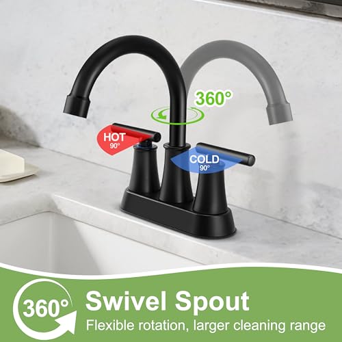 Herogo Matte Black Bathroom Sink Faucet for 3 Holes, 4 Inch Centerset Bathroom Faucet 2-Handle with Pop-Up Drain & Supply Hoses, 18/10 Stainless Steel, for RV Vanity Lavatory - color: Matte Black, style: Cylindrical Handles