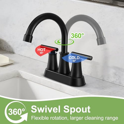 Herogo Matte Black Bathroom Sink Faucet for 3 Holes, 4 Inch Centerset Bathroom Faucet 2-Handle with Pop-Up Drain & Supply Hoses, 18/10 Stainless Steel, for RV Vanity Lavatory - color: Matte Black, style: Cylindrical Handles