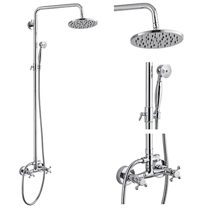Heyalan Dual Shower System, 8 Inch Rain Head, Handheld, Polished Chrome | Dual shower system with 8 inch rain head, handheld sprayer, exposed pipe design, two-handle control, and brass body. - color: Polished Chrome