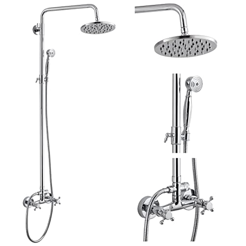 Heyalan Dual Shower System, 8 Inch Rain Head, Handheld, Polished Chrome | Dual shower system with 8 inch rain head, handheld sprayer, exposed pipe design, two-handle control, and brass body. - color: Polished Chrome