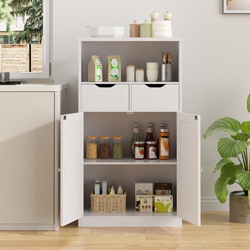Walsunny Floor Storage Cabinet, Organizer with Doors and Drawers, Freestanding Side Cupboard Pantry with Adjustable Shelf for Bathroom/Living Room, White - color: White, style: 2 drawers