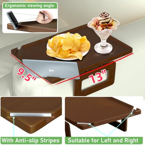 Smatdecis Couch Arm Tray Table Sofa Arm Clip, Armrest Tray Table Suitable for Home Drinks/Fast Food/Fruit Etc, Large Size Multi-Function Brown(Dual Phone/Tablet Holder) - color: Brown, size: 13" x 9.4"(Upgrade)
