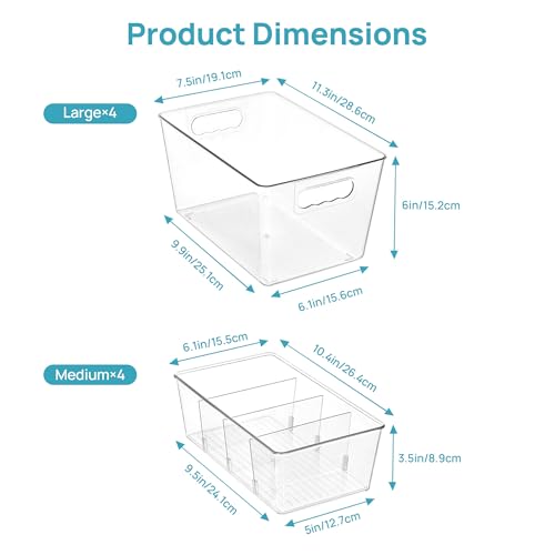 Vtopmart 8 Pack Clear Storage Bins Set for Pantry Organizer | 4 Large Pantry Bins with Handle and 4 Medium Snack Organizer Bins with 4-Compartment for Pantry, Kitchen, Fridge, Cabinet - size: Set D