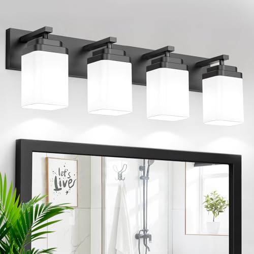 Black Bathroom Light Fixtures, 4 Lights Bathroom Lighting Fixtures Over Mirror, Square Design & Rectangle Large Backplate, Modern Vanity Lighting Fixtures, for Bathroom/Living Room/Bedroom - color: Black, size: 30-inch, 4-Light