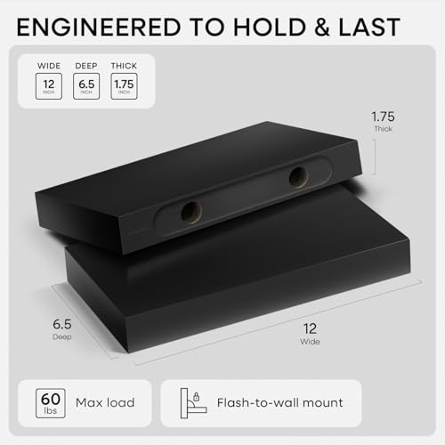 Floating Shelf Black 12 inch, High End Solid Real Wood Small 12inch Floating Shelves for Wall Mounted, Black Wooden 12 in Floating Shelves, Heavy Duty Bracket, 12 X 6.5 X 1.75 inch, Set of 2 - color: Modern Black - Rich Neutral Satin, size: 12 inch
