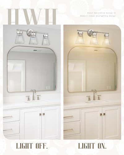 HWH INVESTMENT 3-Light Bathroom Vanity Light, Brushed Nickel, 5HZG97B-3W BN | 24.1-Inch Hardwired Wall Light with Clear Striped Glass; 3 E26 Bulbs, Max 60W Each; Bulbs Not Included - color: Brushed Nickel, size: 3-Light