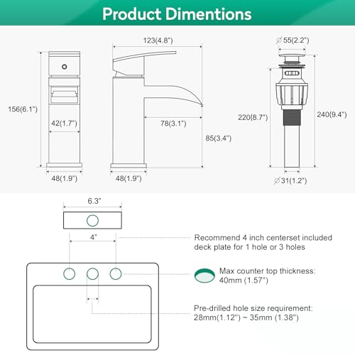 CREA Waterfall Bathroom Faucet 1 Hole Single Handle Brushed Nickel Bathroom Sink Faucet with Drain/ 3 Hole Deck Plate Stainless Steel Vanity Basin Mixer Tap(cUPC Hot Cold Water Supply Line) - color: Brushed Nichel, style: Open Waterfall