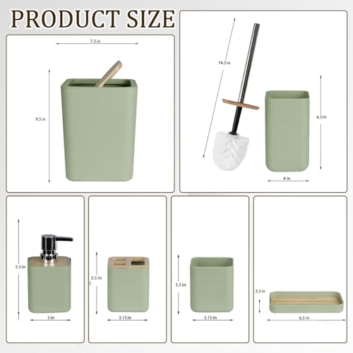 CERBIOR Bamboo Bathroom Accessories Set 6 Piece Square Spiral Set,Green | Includes Soap Dispenser, Toothbrush Holder, Toothbrush Cup, Soap Dish for Decorative Countertop and Housewarming Gift - size: Complete Set, style: Green