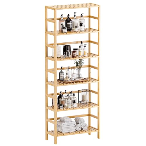 HITNET Bamboo Shelf, 6-Tier Adjustable Tall Open Bookcase, Bathroom Storage Rack Freestanding Shelving Unit, Plant Display Stand for Small Space, Natural - color: Natural