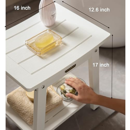 Shower Bench Waterproof Shower Stool with Storage Shelf & Adjustable Feet | Plastic Shower Stool Seat for Shaving Legs, Spa Bath Seat, Heavy Duty, HDPS, Anti-Rotting, Non-Slip, No Maintenance, White