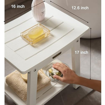 Shower Bench Waterproof Shower Stool with Storage Shelf & Adjustable Feet | Plastic Shower Stool Seat for Shaving Legs, Spa Bath Seat, Heavy Duty, HDPS, Anti-Rotting, Non-Slip, No Maintenance, White