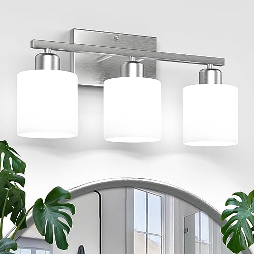 18 Inches Bathroom Light Fixtures Over Mirror Brushed Nickel | Anti-Rust 3-Light Vanity Lights Over Mirror, E26 Standard Socket, Milky White Glass Shades, Bulbs Not Included - color: Brushed Nickel-3 Light
