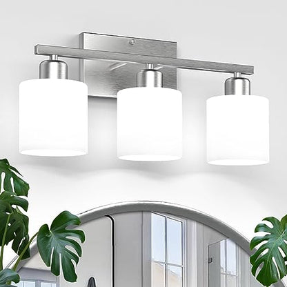 18 Inches Bathroom Light Fixtures Over Mirror Brushed Nickel | Anti-Rust 3-Light Vanity Lights Over Mirror, E26 Standard Socket, Milky White Glass Shades, Bulbs Not Included - color: Brushed Nickel-3 Light