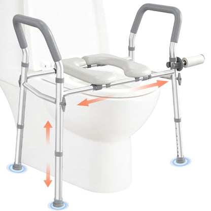 Raised Toilet Seat with Handles, Safety Toilet Stand Up Assist Frame | Adjustable Height & Width, Fits Round & Elongated Toilets, 350 LB Capacity, for Seniors, Handicap, Easy Install & Clean