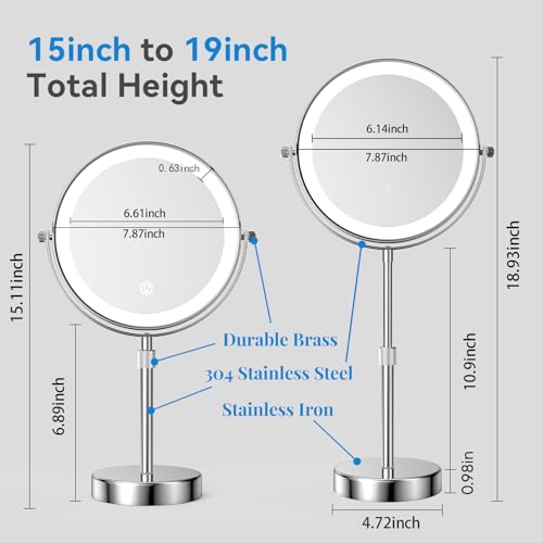 Nicesail LED Lighted Makeup Mirror Tabletop 8” Height Adjustable Chrome 10X | 3 Color Light Brightness Adjustable, Light up for Desk Make up Vanity Table, Double Sided 10x Magnification Magnifying Silver - color: Rechargeable-chrome-10x
