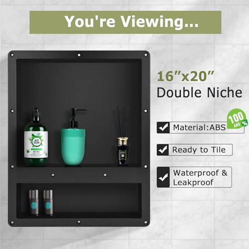 Suteck 16"x20" Shower Niche, Double Shelf Tile-Ready Waterproof Storage Box | 2 Shelves: 14"x12" & 14"x4" | 100% Waterproof ABS | Flush Mount, Vertical/Horizontal | Multi-Scene For Bathroom, Kitchen - size: 16"x20"