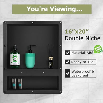 Suteck 16"x20" Shower Niche, Double Shelf Tile-Ready Waterproof Storage Box | 2 Shelves: 14"x12" & 14"x4" | 100% Waterproof ABS | Flush Mount, Vertical/Horizontal | Multi-Scene For Bathroom, Kitchen - size: 16"x20"