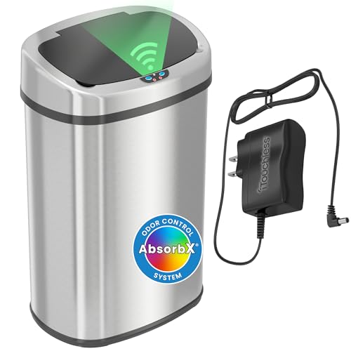 iTouchless 13 Gal Steel Sensor Trash Can | AC Adapter, AbsorbX Odor Filter | Quiet soft-close lid and fingerprint-proof stainless steel finish | Fits any bags| 1.5-yr battery life | AC adapter included - color: Mist Silver