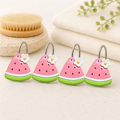 Watermelon Shower Curtain Hooks 12 Pack Resin Cute Bathroom Hooks | Cute watermelon design resin shower curtain hooks, 12 pack, durable, smooth finish, adds fun bathroom decor style - color: Pink