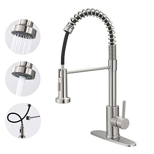 VOTON Kitchen Faucets with Pull Out Sprayer Commercial Spring Sink Faucet Stainless Steel Brushed Nickel Pull Down Single Handle Farmhouse faucets with Deck Plate for Camper Laundry Utility Rv Wet Bar - color: Brushed Nickel