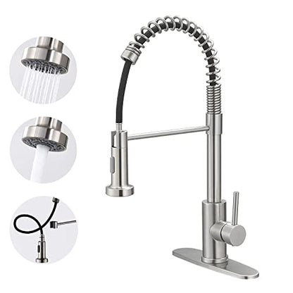 VOTON Kitchen Faucets with Pull Out Sprayer Commercial Spring Sink Faucet Stainless Steel Brushed Nickel Pull Down Single Handle Farmhouse faucets with Deck Plate for Camper Laundry Utility Rv Wet Bar - color: Brushed Nickel