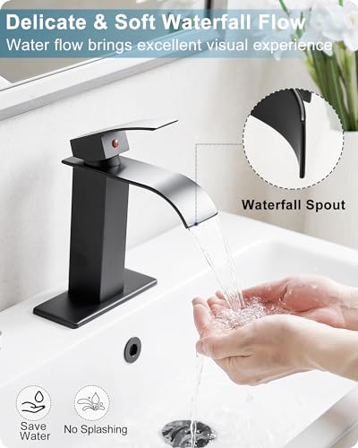 Matte Black Bathroom Faucet 1 Hole or 3 Hole (4 Inch), Brass Waterfall Faucet for Bathroom Sink, Modern Bathroom Faucets Single Handle with Deck Plate & Pop-up Drain Supply Hoses No Noise - color: Matte Black - Modern