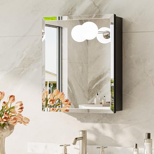 TokeShimi 14 x 18 Recessed Medicine Cabinet for Bathroom, Assembly Required, Black Medicine Cabinet with Mirror, Tempered Beveled Mirror, Stepless Adjustable Shelves, DTC Hinge - color: Black, size: 14x18 in