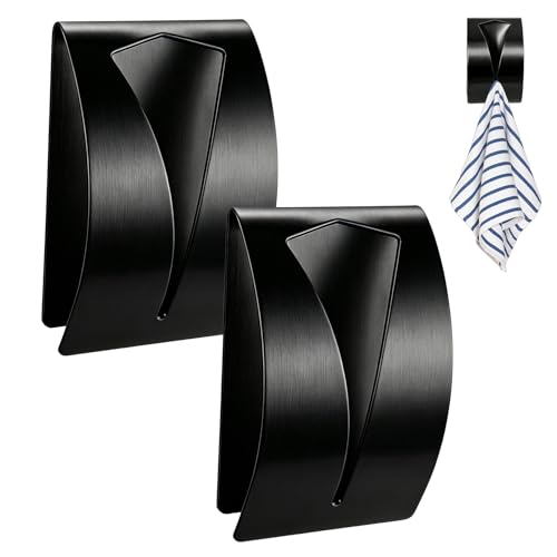 Self Adhesive Towel Hook Holder, 2Pcs Stainless Steel Kitchen Dish Towel Hook Grabber Wall Mount Non Drilling Hangers Shower Wall Hand Towels Hooks for Home Bathroom Kitchen Accesories, Black - color: Black, size: 2 PCS